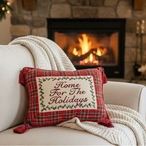 Red Christmas Needlepoint Pillow, Home For The Holidays, Plaid Lumber Tassels